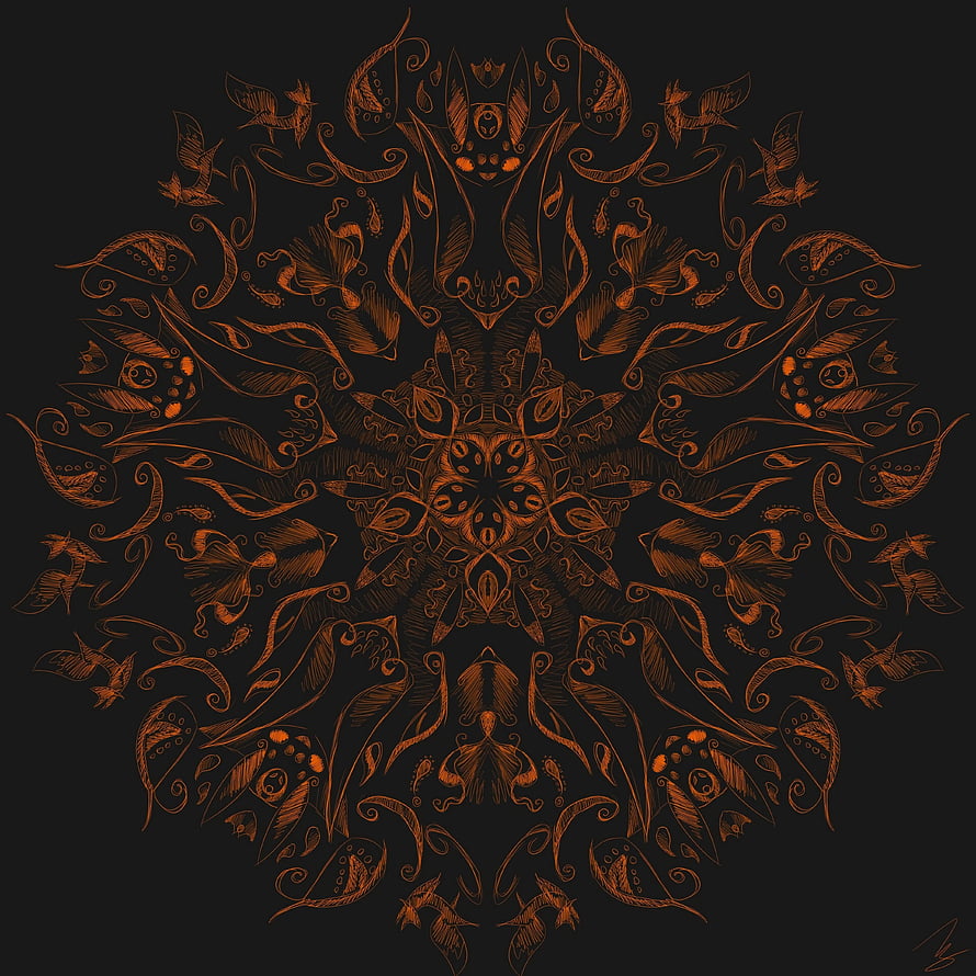 Intricate Orange Fractal Mandala with Ornate Floral and Avian Motifs on Black Background HD phone wallpaper