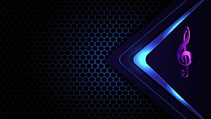 Neon treble clef with blue light accents on a dark hexagonal grid background HD wallpaper