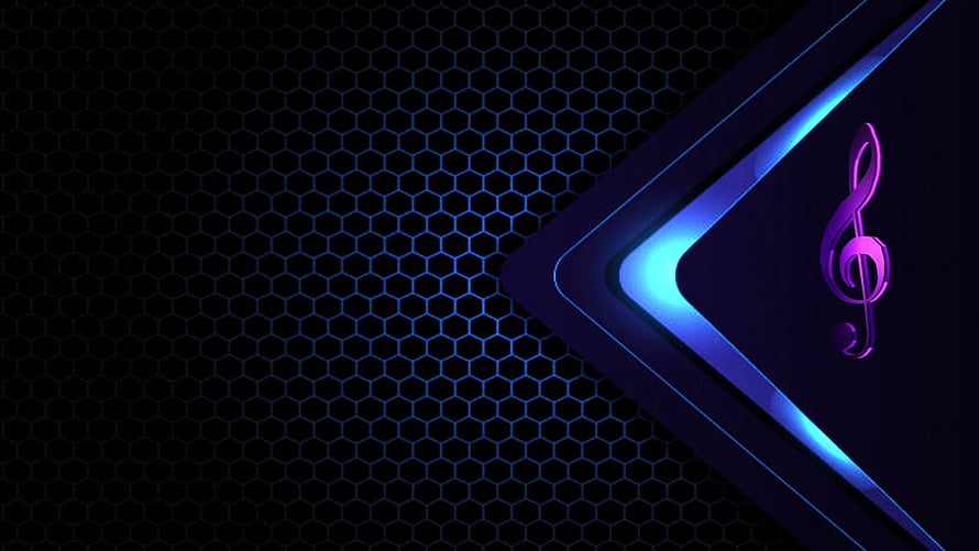 Neon treble clef with blue light accents on a dark hexagonal grid background HD wallpaper