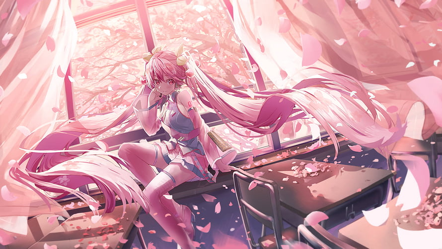 Sakura Hatsune Miku anime girl sitting in a classroom with cherry blossom petals and pink hair HD wallpaper