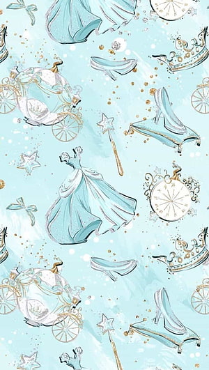 Cinderella Disney Princess Pattern with Glass Slipper, Carriage, and Wand in Soft Blue Watercolor Style HD phone wallpaper