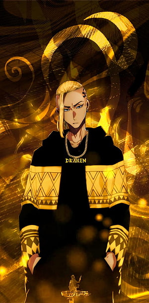 Draken from Tokyo Revengers in Black and Gold Patterned Hoodie with Dramatic Golden Background HD phone wallpaper