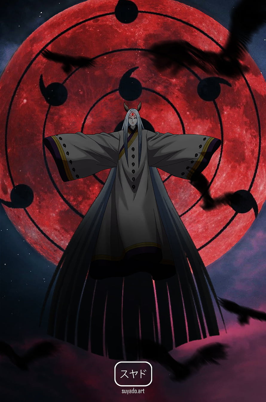 Kaguya Otsutsuki Floating Before a Blood Moon with Black Birds in Naruto Shippuden Anime Art HD phone wallpaper