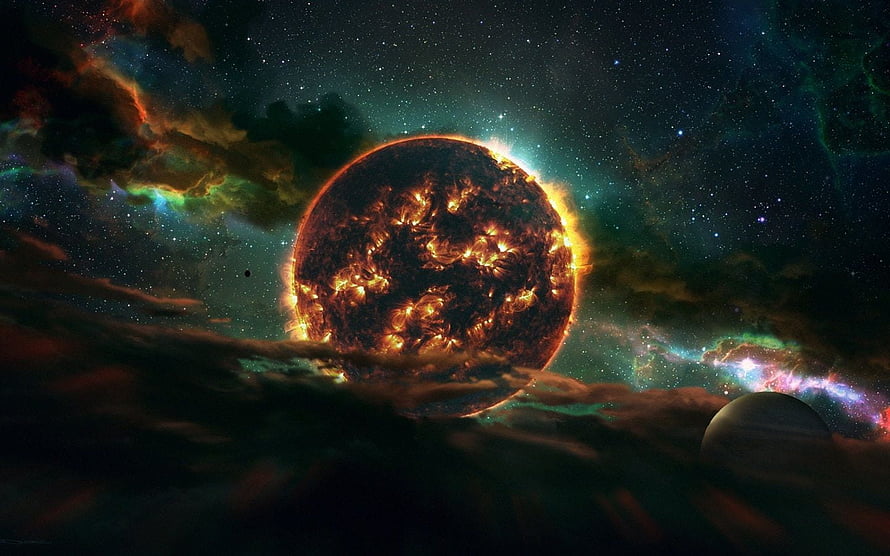 Dramatic Red Giant Star and Distant Planet in a Colorful Cosmic Nebula HD wallpaper