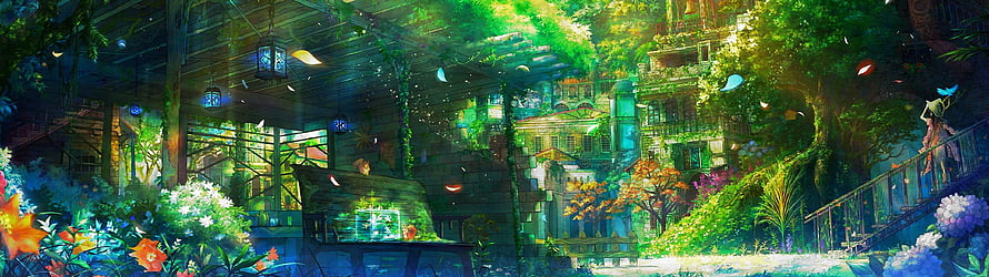 Studio Ghibli Style Enchanted Garden with Lush Greenery and Vintage Architecture HD wallpaper