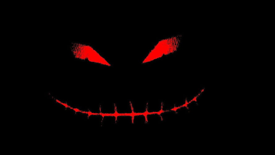 Eerie Red Stitched Smile and Glowing Eyes on Black Background HD wallpaper
