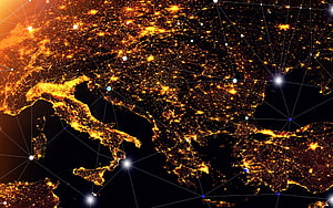 Europe at Night Satellite View with Digital Network Overlay and City Lights HD wallpaper
