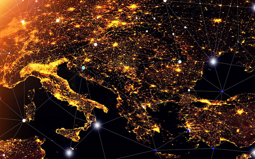 Europe at Night Satellite View with Digital Network Overlay and City Lights HD wallpaper