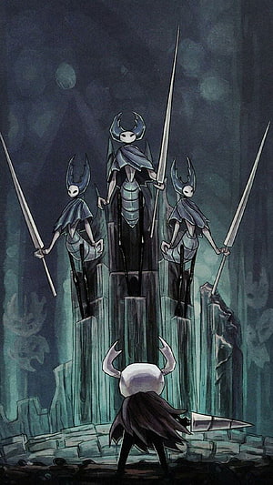 Hollow Knight Horned Sentinel and Three Guardians in Dark Stone Hall HD phone wallpaper