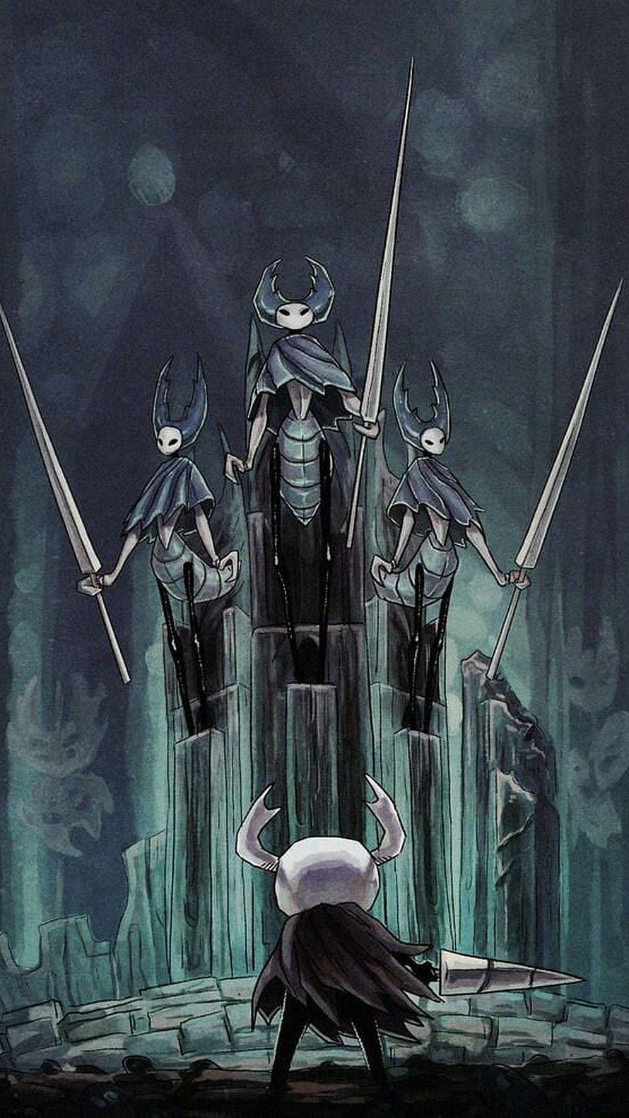 Hollow Knight Horned Sentinel and Three Guardians in Dark Stone Hall HD phone wallpaper