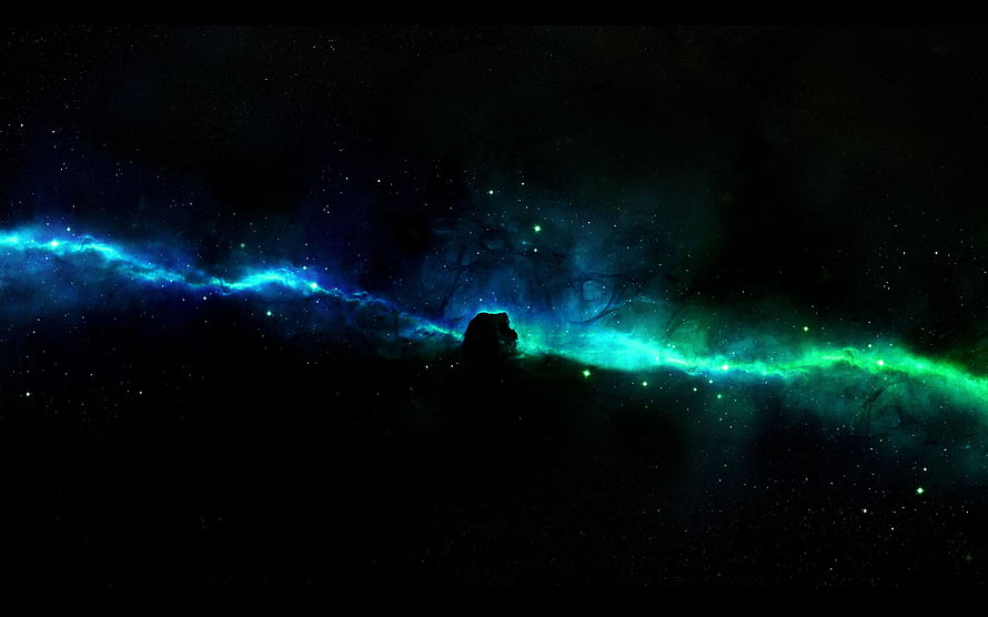 Vibrant Blue and Green Nebula Band Across Dark Starry Space HD wallpaper