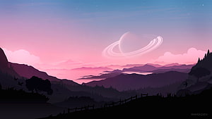Stylized Mountain Valley Landscape with Ringed Planet at Sunset HD wallpaper
