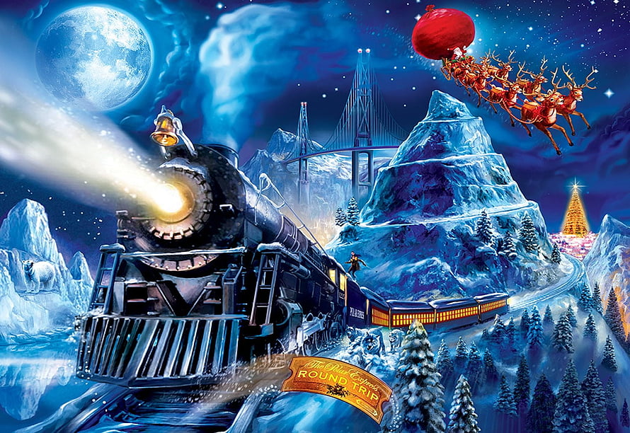 Polar Express Round Trip Fantasy Artwork with Santa Sleigh and Snowy Mountains HD wallpaper