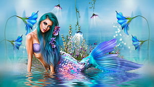 Fantasy Mermaid with Teal Hair and Purple Scales in an Underwater Garden HD wallpaper
