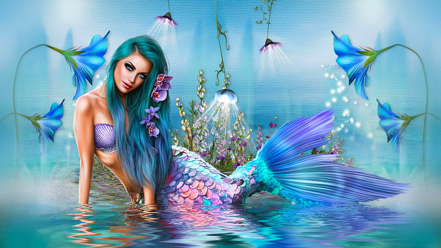 Fantasy Mermaid with Teal Hair and Purple Scales in an Underwater Garden HD wallpaper