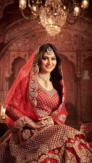 Urvashi Rautela in Traditional Red Bridal Lehenga with Gold Embroidery and Jewelry HD phone wallpaper
