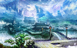Misty Chinese Mountain Village with Traditional Architecture and Stone Bridge HD wallpaper