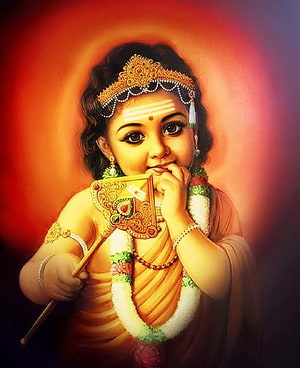 Baby Murugan Devotional Portrait with Vel and Garland on Warm Red Background HD phone wallpaper