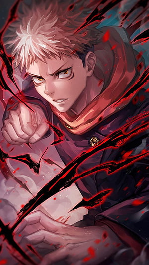 Itadori Yuji from Jujutsu Kaisen in a Dynamic Anime Illustration with Red Energy Effects HD phone wallpaper