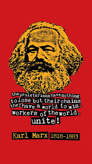 Karl Marx Portrait with Communist Manifesto Quote on Red Background HD phone wallpaper