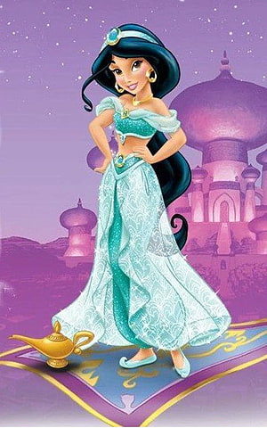 Disney Princess Jasmine in Teal Gown with Magic Lamp and Carpet in Agrabah Palace HD phone wallpaper