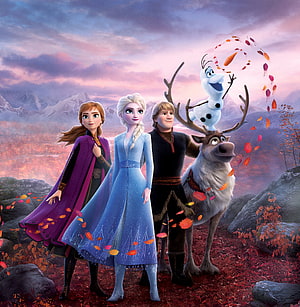 Frozen 2 Characters Anna Elsa Kristoff Olaf and Sven in Autumn Forest HD phone wallpaper