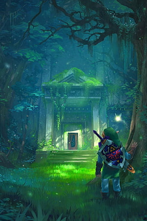 Link Standing Before Ancient Ruins in the Sacred Forest of The Legend of Zelda HD phone wallpaper