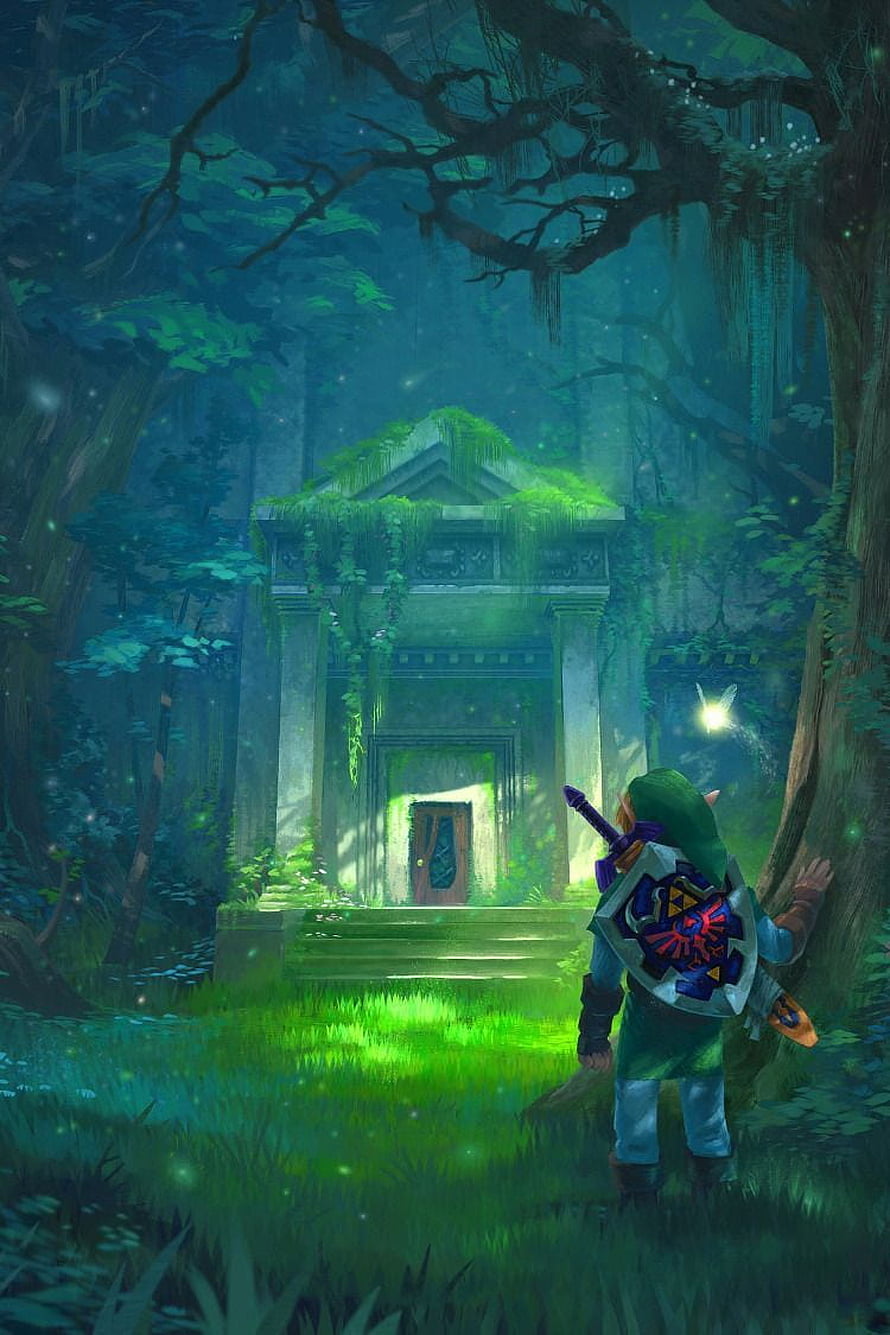 Link Standing Before Ancient Ruins in the Sacred Forest of The Legend of Zelda HD phone wallpaper