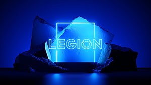 Lenovo Legion Neon Blue Logo Displayed on Glowing Ice Rock Formation HD wallpaper