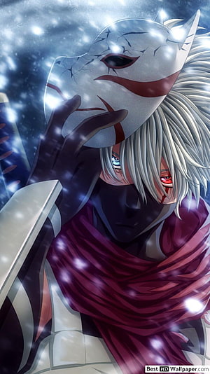 Kakashi Hatake Wearing a Cracked White Mask in Snowy Night Scene HD phone wallpaper