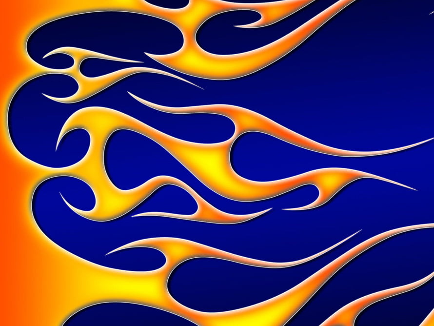 Stylized Tribal Flame Design with Orange and Yellow Gradients on Deep Blue Background HD wallpaper