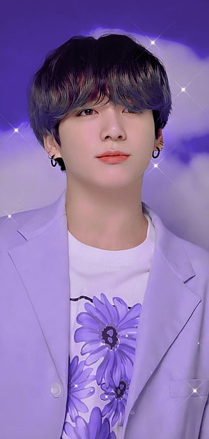 Jungkook from BTS in a lavender blazer and floral t-shirt with a dreamy purple background HD phone wallpaper
