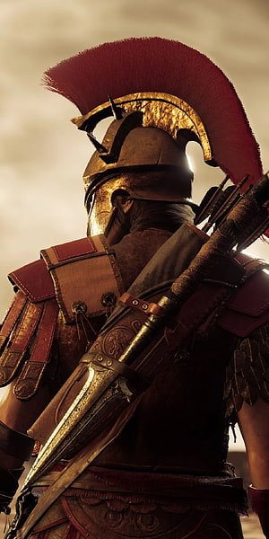 Kassandra from Assassin's Creed Odyssey in Ancient Greek Armor and Helmet HD phone wallpaper