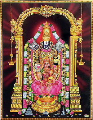 Lord Venkateswara and Goddess Lakshmi Seated on Lotus in Ornate Golden Temple Arch HD phone wallpaper