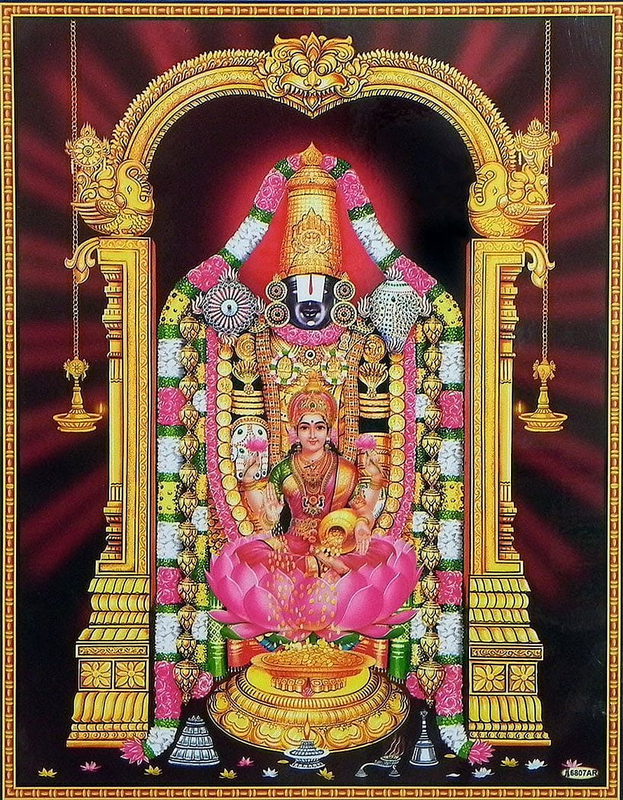 Lord Venkateswara and Goddess Lakshmi Seated on Lotus in Ornate Golden Temple Arch HD phone wallpaper
