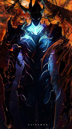Igris Elite Knight Form in Solo Leveling with Glowing Blue Armor and Fiery Background HD phone wallpaper
