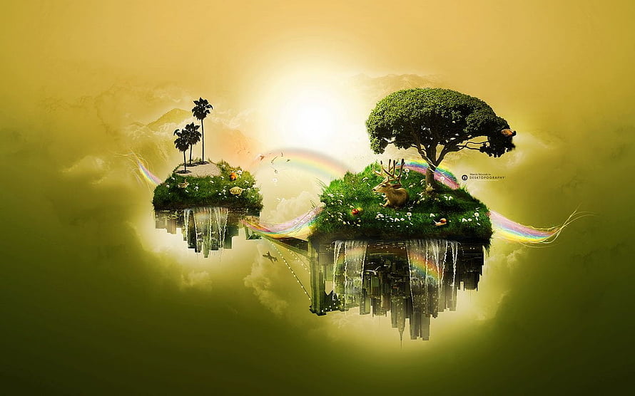 Surreal Floating Islands with Deer, Rainbow, and Waterfall in Golden Sky HD wallpaper