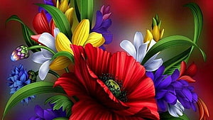 Vibrant Digital Floral Arrangement Featuring Red Poppy, Daisies, and Lilies on a Warm Gradient Background HD wallpaper