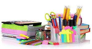 Colorful School and Office Stationery Supplies Arrangement with Notebooks and Pencils HD wallpaper