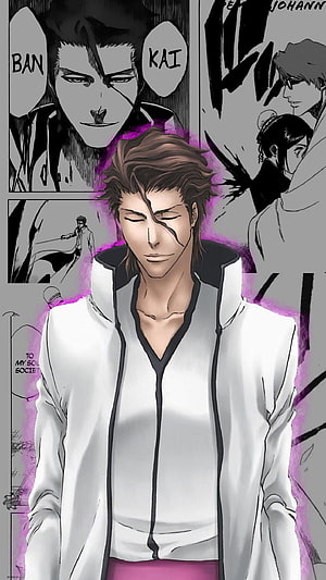 Sosuke Aizen Bleach Anime Character Portrait in White Coat with Purple Aura HD phone wallpaper
