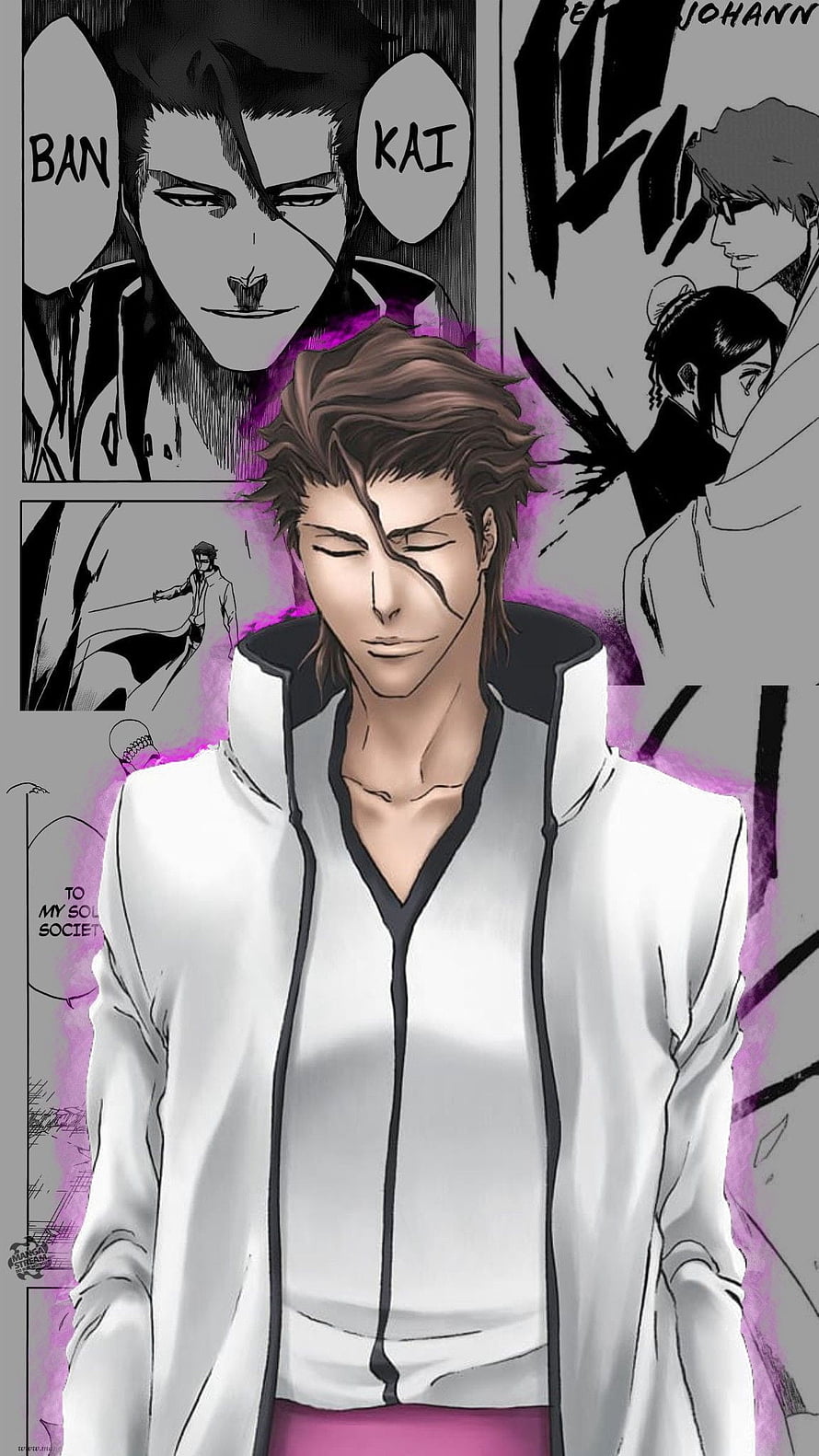 Sosuke Aizen Bleach Anime Character Portrait in White Coat with Purple Aura HD phone wallpaper