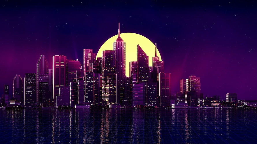 Retro Synthwave Cityscape with Neon Skyline and Giant Yellow Moon Over Water HD wallpaper