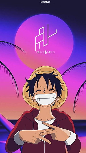 Luffy from One Piece smiling in a red hoodie against a vibrant purple sunset with palm trees HD phone wallpaper