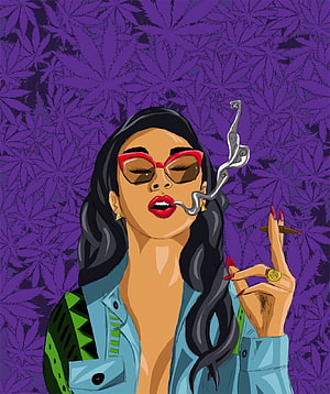 Stylized illustration of a woman smoking a joint against a purple cannabis leaf pattern background HD phone wallpaper