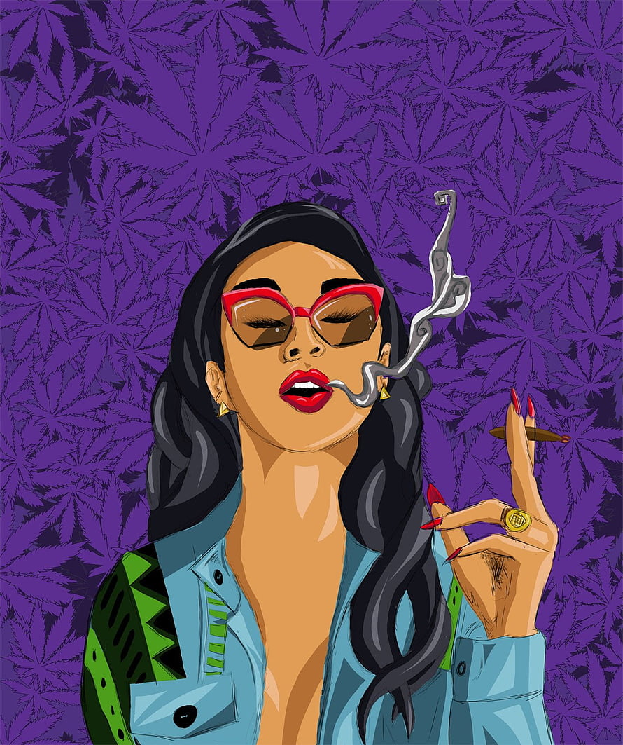 Stylized illustration of a woman smoking a joint against a purple cannabis leaf pattern background HD phone wallpaper