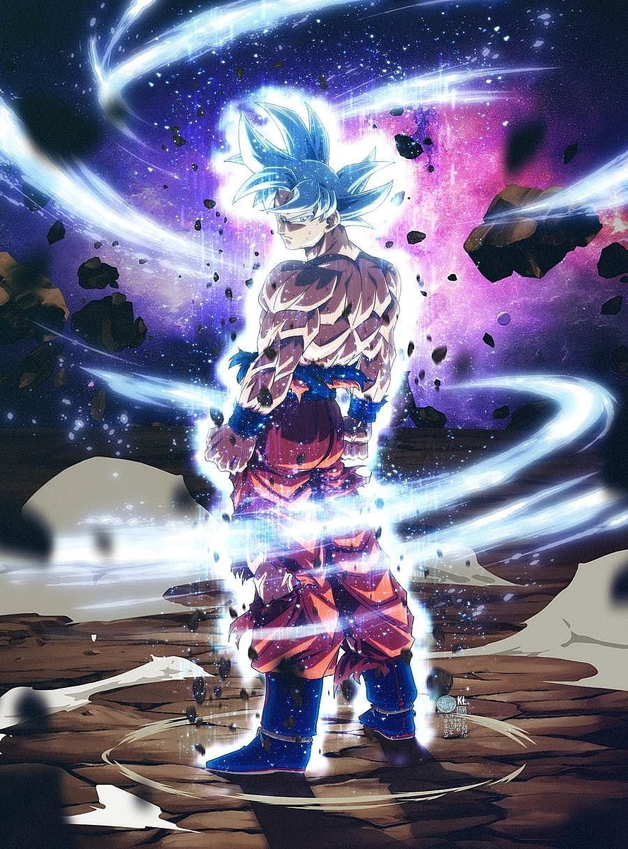 Goku in Blue Super Saiyan Aura Amid Cosmic Debris and Energy Swirls HD phone wallpaper