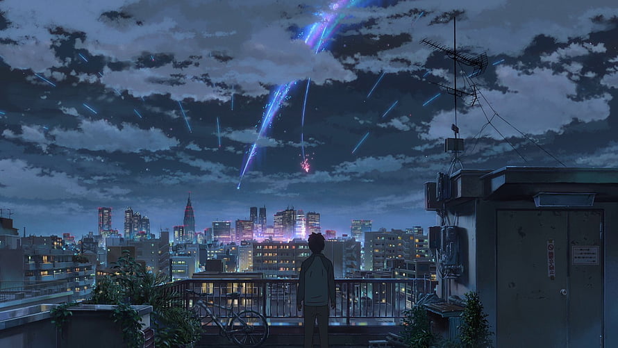 Your Name Anime Rooftop Scene With Meteor Shower Over Tokyo City Skyline HD wallpaper