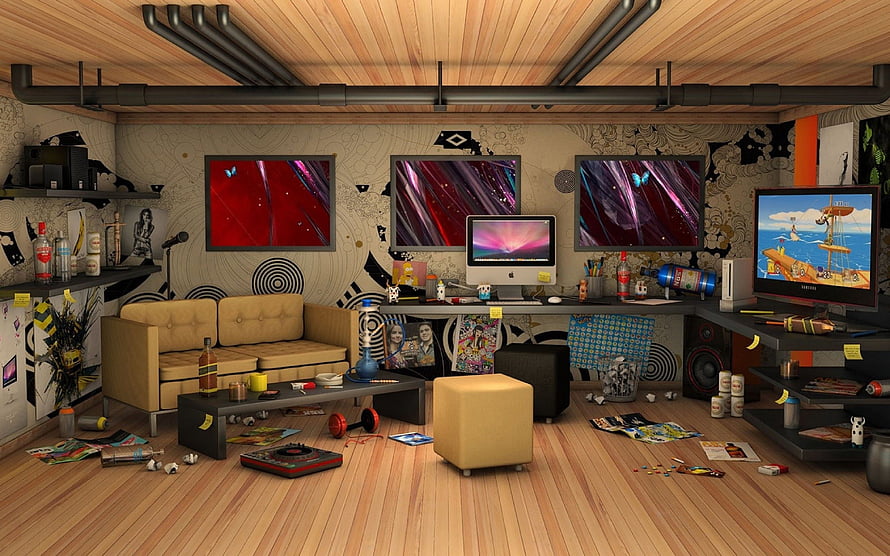 Cluttered 3D Rendered Living Room With Multiple Monitors And iMac Setup HD wallpaper