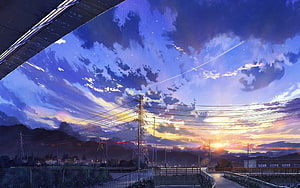 Anime Twilight Skyline With Power Lines And Distant Mountains HD wallpaper