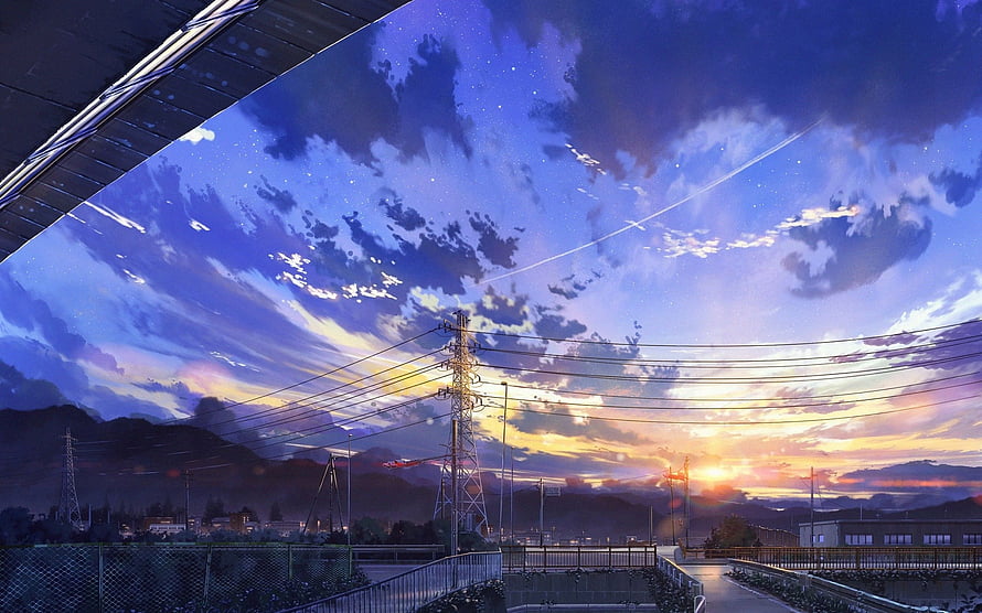 Anime Twilight Skyline With Power Lines And Distant Mountains HD wallpaper